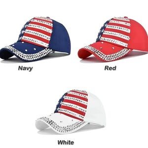 American Flag Baseball Cap Sparkle Rhinestone USA Flag Denim Hat, Red/White/Blue